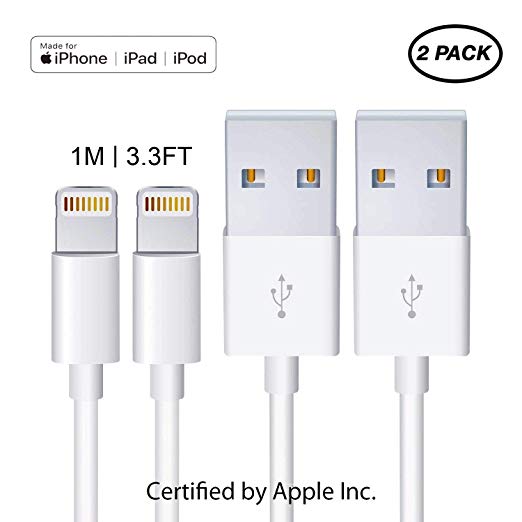 2Pack Apple Charger Cable [Apple MFi Certified] Lightning to USB Cable Original Certified Compatible iPhone 11/X/8/7/6s/6/plus/5s/5c/SE,iPad Pro/Air/Mini,iPod Touch (1M/3.3FT) White