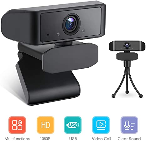 Webcam with Microphone, PC Web Camera Full HD 1080P with Wide Angle and Tripod, USB Computer Camera for PC Laptop Desktop Video Calling Recording Streaming Video Conference Online Teaching
