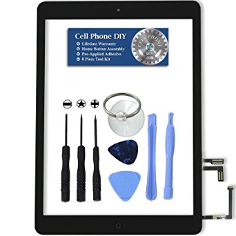 Black iPad Air Digitizer Replacement Screen Front Touch Glass Assembly Replacement - Includes Home Button   Camera Holder   Pre-Installed Adhesive with Tools – Repair Kit by Cell Phone DIY