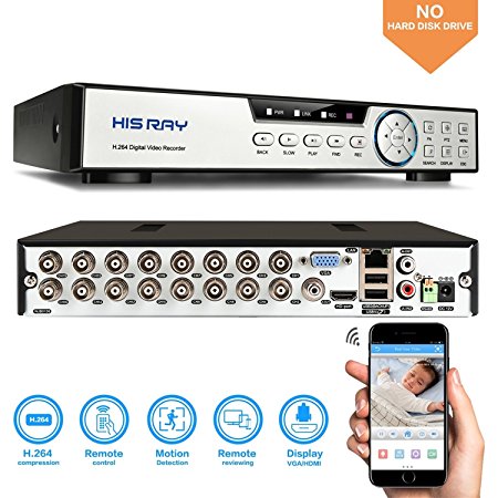 HISRAY 16CH 1080N AHD DVR 5-in-1 Hybird (1080P NVR 1080N AHD 960H Analog TVI CVI) CCTV Home Security Surveillance HDMI/VGA Quick QR Code Scan Remote Access Motion Detection & Email Alerts(No HDD)