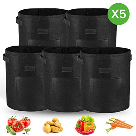 F-sport Grow Bags, 5-Pack 7 Gallon Potato Planter Bags with Access Flap and Handles Aeration Tomato Fabric Plant Pots for Vegetable and Fruit Growing (Black)