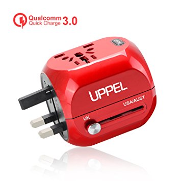 Travel Adapter with QC3.0, UPPEL Universal Power Plug, International Wall Charger All in One Worldwide AC Socket Converters with USB Port for US, AU, Asia, EU, UK and Over 150 Countries(Cola Red)