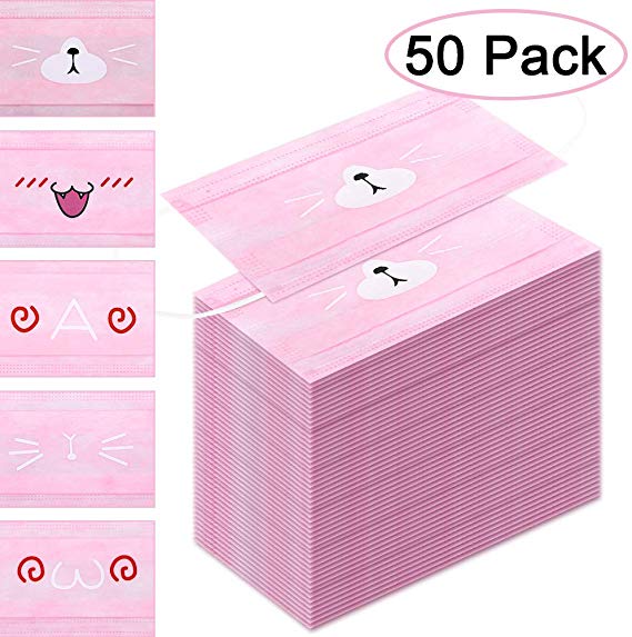 50 Pcs Disposable Face Masks Dust Mask Cute Anime Mask Breathable Dust Filter Masks Mouth Cover Masks with Elastic Ear Loop (Pink, 5 Anime pattern)