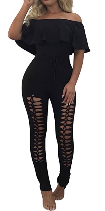 PRETTYGARDEN Off Shoulder Sleeve Hollow Out Sexy Women Bodycon Long Jumpsuit Rompers