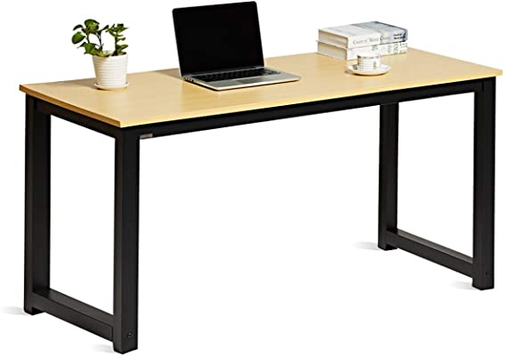 DECOHOLIC Computer Desk 55” Modern Simple Large Study Writing Desk Industrial Style Laptop PC Table for Home Office, with Leg Bars, Oak Board Black Leg