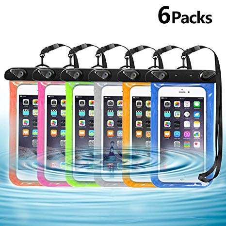 FECEDY 6 Packs Universal Waterproof Phone Pouch - IPX8 Waterproof Phone Case- Cellphone Dry Bag for iPhone Xs/XR/X/8/ 8plus/7/7plus/6s/6/6s Plus Samsung Galaxy s9/s8/s7 Google Pixel 2 4"-6.3"