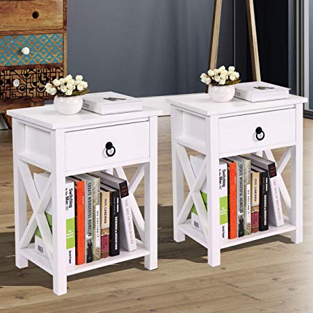 JAXSUNNY Set of 2 End Table Side Table Wooden X- Shaped Nightstand with Drawer and Storage Shelf, White Night Stand