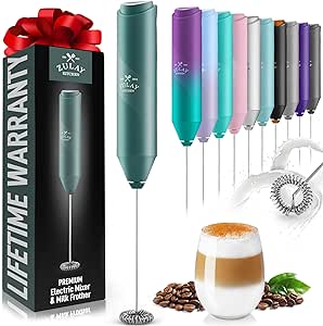 Zulay Kitchen Powerful Milk Frother Wand - Mini Milk Frother Handheld Stainless Steel - Battery Operated Drink Mixer for Coffee, Lattes, Cappuccino, Matcha - Froth Mate Milk Frother Gift - Dark Green