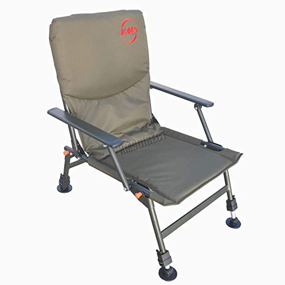 KMS Outdoor Portable Folding Carp Fishing Chair Camping Heavy Duty 4 Adjustable Legs Dark Green FC-053