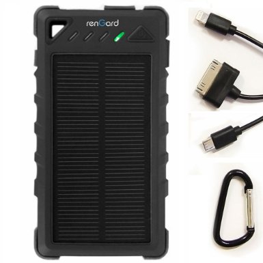 RenGard Solar Charger 8000mAh - Outdoor Portable Power Bank - with Dual USB Port and LED Flashlight - Rain-, Dust-Proof and Shock-Resistant - with Drawstring Pouch Bag and 3-in-1 Cable - Black&Black