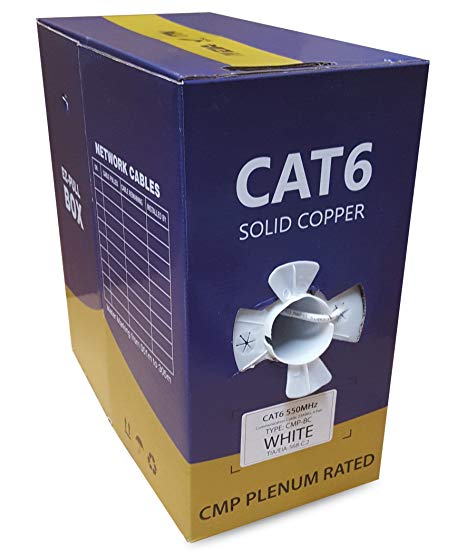 Cat6 Plenum (CMP), 1000ft, Solid Bare Copper Bulk Ethernet Cable, 550MHz, 23AWG 4 Pair, White, Unshielded Twisted Pair (UTP), EfficientCables