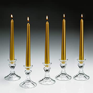Light In The Dark Elegant Gold Metallic Taper Candle 10 Inch Tall Burn 7 Hours - Set of 5 Unscented Dinner Candle – Smokeless and Dripless with Metal Finish.