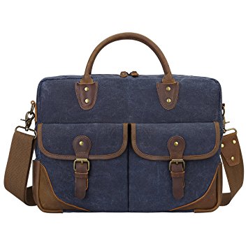 S-ZONE Vintage Canvas Leather Messenger Bag Briefcase 15.6-inch Laptop Tote Shoulder Bag (Blue)