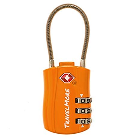TSA Approved Travel Luggage Locks 3 Dial Combination Cable Padlock For Suitcases Bags Gym Lockers - Orange 1 Pack