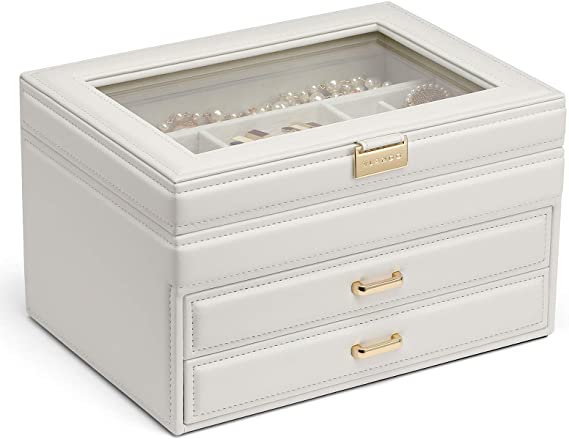 Jewelry Box with Glass Lid for Mothers Day Gifts, 3 Layer Jewelry Organizer with 2 Drawers, Large Leather Jewelry Storage for Necklaces Rings Earrings Bracelets Watches(White)