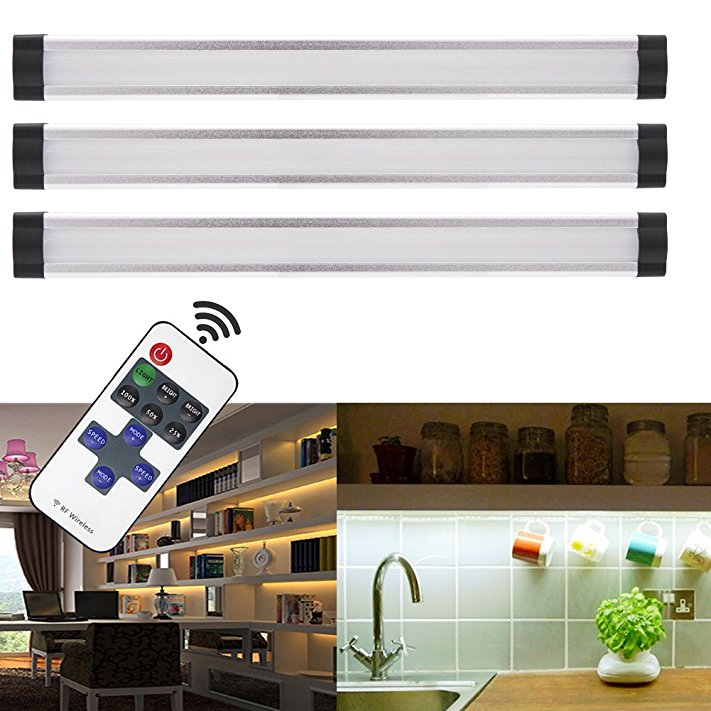 ANSCHE Under Cabinet Led Lighting, 3 X 4W Dimmable Under Closet LED 1100LM Lighting Portable Ultra Thin Light Bar with Wireless Remote Control Silver Night Light for Counter Kitchen Bathroom Stairway Warm White