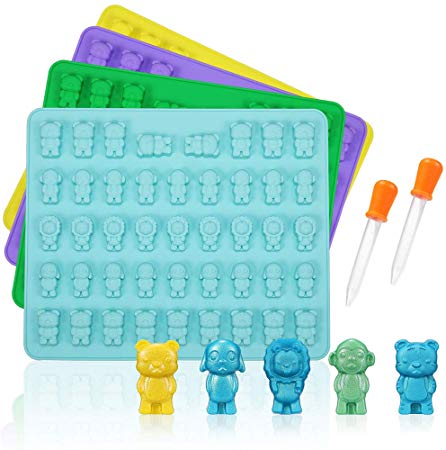 WARMWIND Silicone Gummy Molds, Large Silicone Candy Chocolate Molds, Including Funny Shape of Dogs, Lions, Tigers, Bears and Monkeys, 4 Pack with 2 Droppers, Perfect for Kids and Party