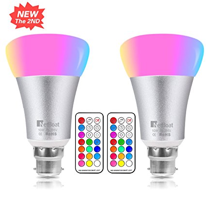 10W Colour Changing Light Bulb,NetBoat B22 RGBW Led Light Bulbs Dimmable,RGB Bayonet Light Bulb,Updated Pure Daylight White,Disco Party Home Mood Lighting,Pack of 2