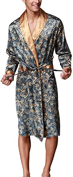 VERNASSA Mens Bath Robe Satin Sleepwear Housecoat, 45" Inch Long Kimono Dressing Gown, Spa Robe Nightwear With Belt,L-XXL, Multicolor & Fashion Styles