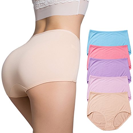 OUENZ Women's Cotton Underwear,5 Pack Seamless Breathable Solid Color Comfortable High Waist Soft Briefs Panties for Women