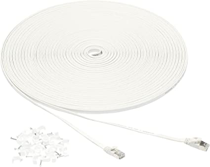 AmazonBasics Cat 7 Gigabit Ethernet Patch Internet Cable, Flat - 100FT, 1Pack, White - Include 25 Nails