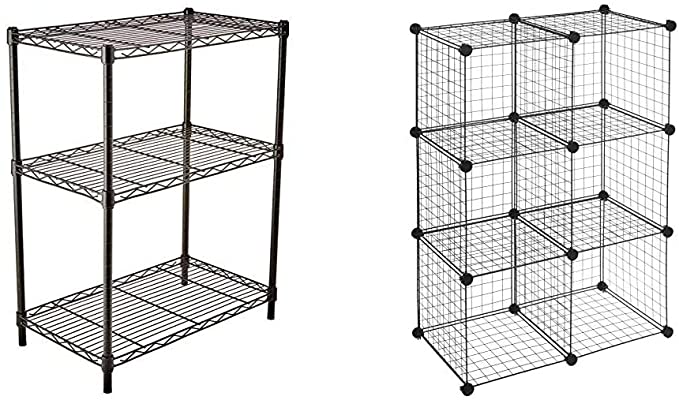 AmazonBasics 3-Shelf Adjustable, Heavy Duty Storage Shelving Unit, Steel Organizer Wire Rack, Black & 6 Cube Grid Wire Storage Shelves, Black