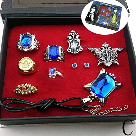 Cosplay Black Butler Ciel Sebastian Ring Necklace Earring Studs Set by HiRudolph