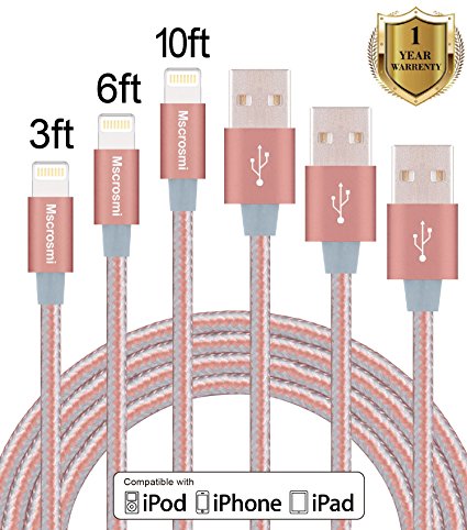 Mscrosmi Lightning Cable 3ft, 6ft, 10ft Durable and Fast Charging Cable 8pin Lightning to USB Cable for iPhone 7/7 /6/6 /6s/6s /5/5s/5c/SE, iPad, iPod and More (Rose gold )