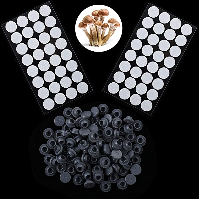 64 Pieces Synthetic Filter Paper Stickers 0.3 μm Filter Disc Mushroom and 100 Pieces Vial Rubber Stopper Injection Ports for Mushroom Cultivation (20 mm Stopper)