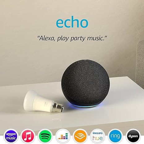 Echo (4th generation), Charcoal   Philips Hue White Smart Light Bulb LED (B22), Works with Alexa - Smart Home Starter Kit