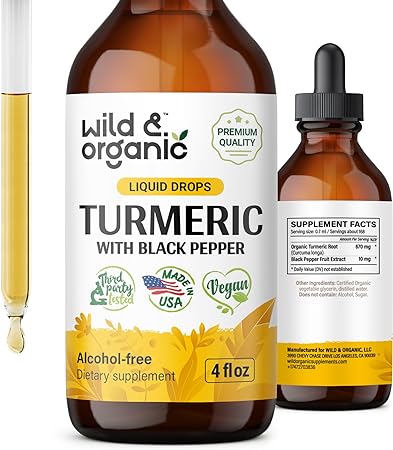 Turmeric Liquid Extract Supplement - Organic Turmeric Curcumin Drops with Black Pepper - Turmeric Root Tincture - Vegan, Alcohol Free - 4 fl oz