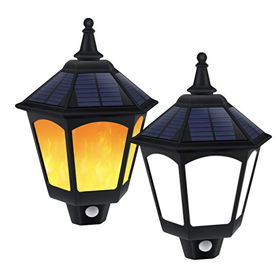 Solar Lights Outdoor, Motion Sensor Lights 6000k White Light   Dusk to Dawn Auto On/Off Warm Flickering Flames Lights for Garden Yard Pathway Front Door Patio Porch 2 Pack
