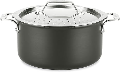 All-Clad HA1 Hard Anodized Nonstick Stockpot, Multi-Pot with Strainer 6 Quart Oven Broiler Safe 500F Strainer, Pasta Strainer with Handle, Pots and Pans Black