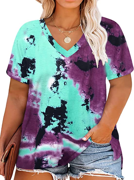 DOLNINE Womens-Plus-Size-Tops-Summer V Neck T Shirts Side Split Tunics Tees