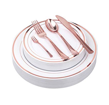 125Pieces Premium Quality Heavyweight Tableware/Elegant Plastic Disposable dinnerware: 25 Dinner Plates, 25 Salad or Dessert Plates & 25 Polished Rose Gold Forks Knives & Spoon/Bonus 25 Dessert Forks