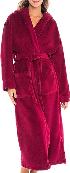 Alexander Del Rossa Women's Plush Fleece Robe with Hood, Long Warm Solid Bathrobe