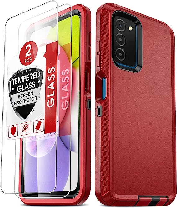 LeYi for Samsung Galaxy AO3S Phone Case, Galaxy A03S Case with [2 Pack] Tempered Glass Screen Protectors, 3 in 1 Full Body Shockproof Rubber Dustproof Rugged Protection Case for Samsung A03S, Red