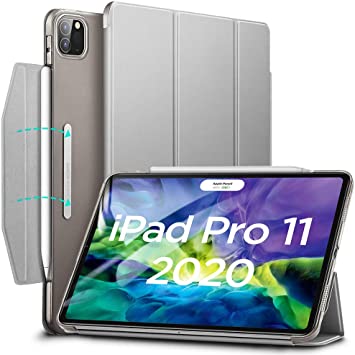 ESR Trifold Smart Case for iPad Pro 11" 2020/2018 Case, Auto Sleep/Wake,Supports Apple Pencil 2 Wireless Charging, Stand Case with Clasp, Hard Back Cover for iPad Pro 11" 2020 2nd Generation, Grey