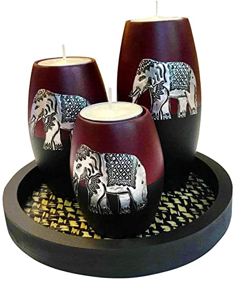 Baimai Tea Light Candle Holder Set of 3 with Elephant Aluminium Decorative Candle Holders, Wood Tray