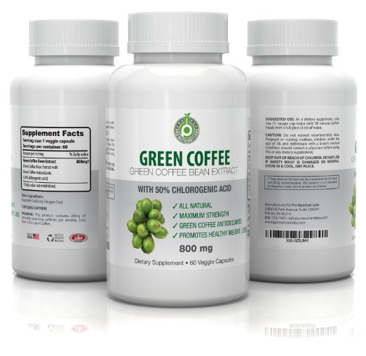 Pure Green Coffee Bean Extract - 800 mg GCA (50% Chlorogenic Acid) - Active Weight Loss Aid, Faster Fat Burning & Improved Metabolism - All Natural, 100% Veg Safe - No Side Effects (60 Capsules)