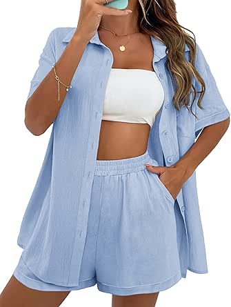 Zeagoo Women's 2 Piece Casual Tracksuit Outfit Sets Cotton Linen Short Sleeve Button Down Shirt and Loose Casual Shorts Set