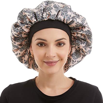 Large Satin Sleep Cap Silk Elastic Night Sleeping Hat Bonnet Nightcap Head Cover with Comfortable Wide Band for Women (FG-6)
