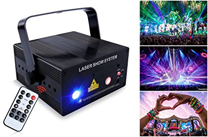 Laser DJ Lights, 12 Gobos Red,Green,Blue three colors Laser Projector Light and 3W Blue Led with Remote Control for Parties,Clubs,DJs,Stage and Disco Bars