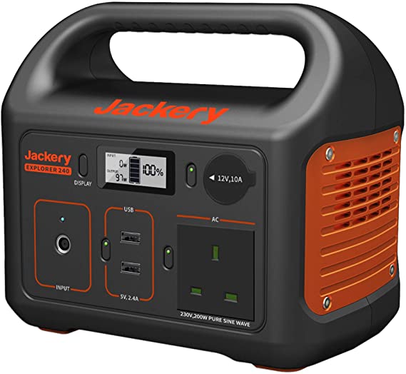 Jackery Portable Power Station Explorer 240, 230V/200W Pure Sine Wave AC Outlet, 240Wh Backup Lithium Battery, Solar Generator for Outdoors Picnic Fishing Travel Party Camping