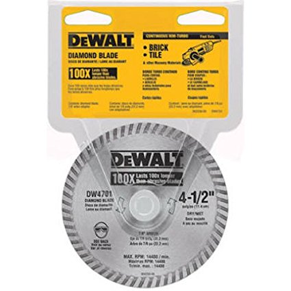 DEWALT DW4701 Industrial 4-1/2-Inch Dry or Wet Cutting Continuous Rim Diamond Saw Blade with 7/8-Inch Arbor