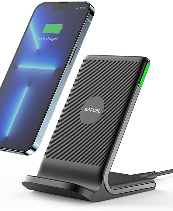 SAFUEL Wireless Charger, 15W Qi-Certified Fast Wireless Charging Stand with Sleep-Friendly Adaptive Light & NTC Temp°Guard for iPhone 13 12 Pro XR XS 8 Plus Samsung Galaxy S21 Note 10 Google LG etc.