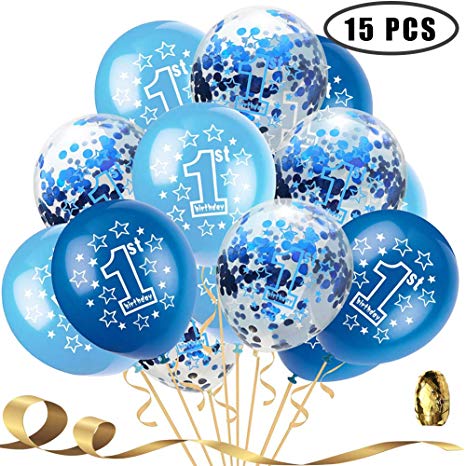1st Boy Happy Birthday Confetti Balloons,First Birthday Decorations 12 Inch Large Navy Blue Latex Helium Balloons Perfect for Baby Boy Party Supplies(Pack of 15)