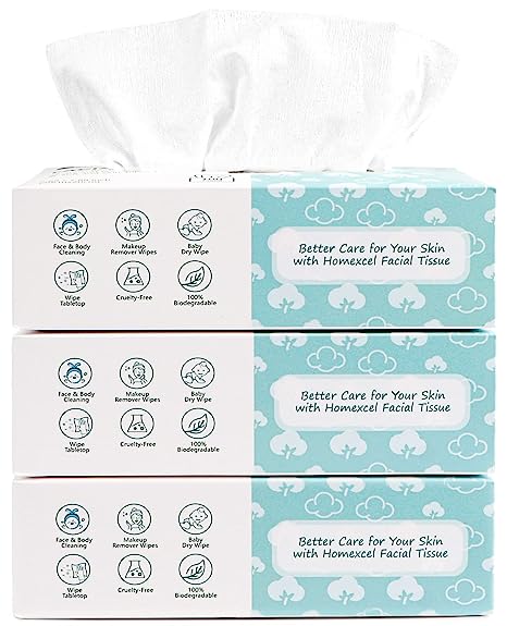 HOMEXCEL Soft Dry Wipe 3 Pack, Unscented Facial Tissues 100% Biodegradable, Disposable Face Towels, Dry and Wet Use for Baby Adult Sensitive Skin, Make-up Wipes, Facial Washcloth（300 Count）