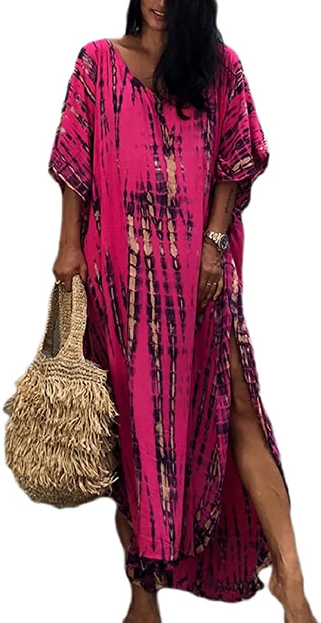 Bsubseach Women Print Beach Kaftan Dress Short Sleeve Plus Size Bathing Suit Cover Ups