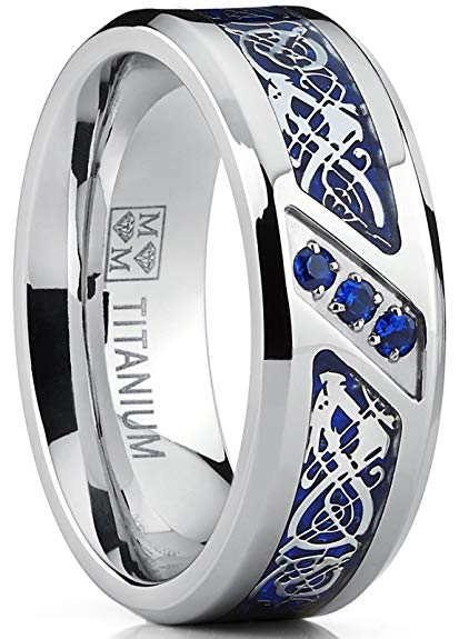 Metal Masters Co. Men's Titanium Wedding Ring Band with Dragon Design Over Blue Carbon Fiber Inlay and Blue Cubic Zirconia